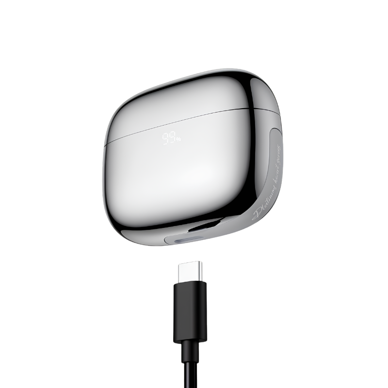 TESNA TWS In Ear Earphones for Professional Call and audio performanceChromed electronic device with USB-C connector on a white background