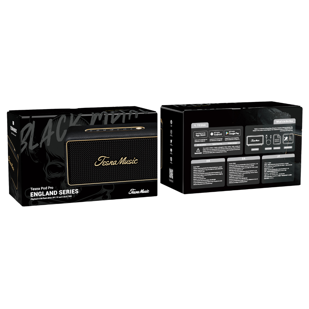 Tesla Music amplifier packaging on a white background