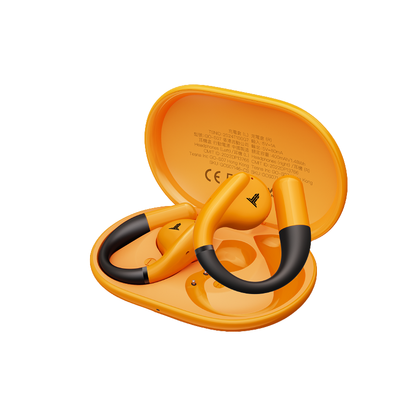 TESNA Premium Earbuds for sport and gym workouts in SA in Lava Orange open case on a white background