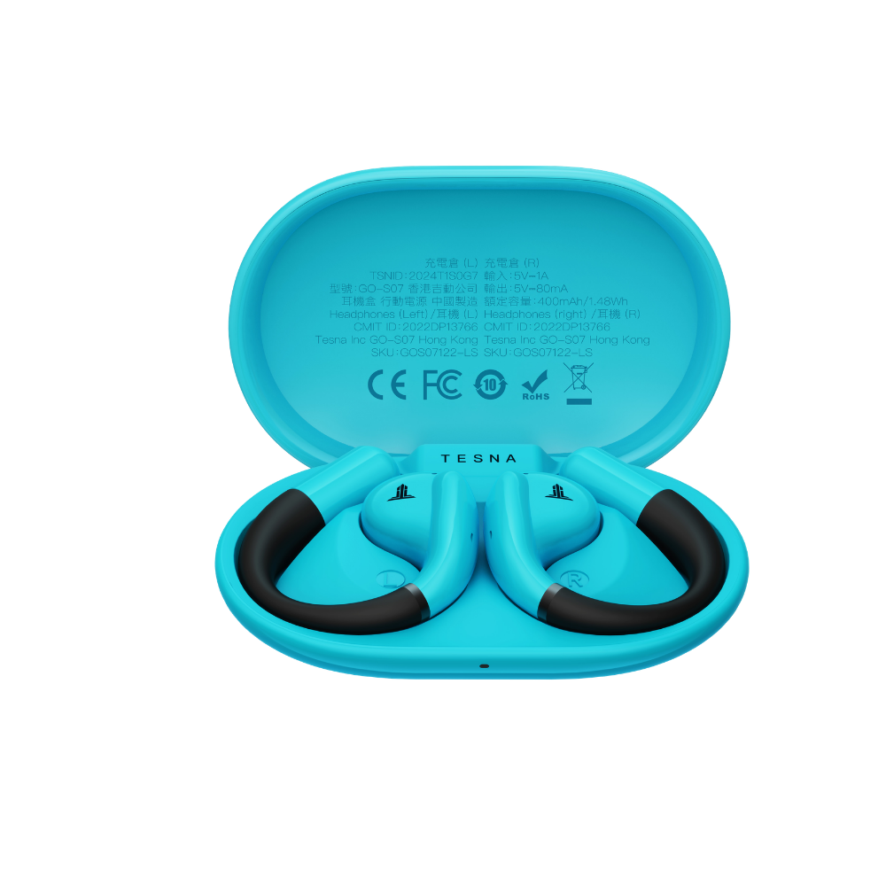 TESNA Blue wireless earbuds in a matching case in SA
