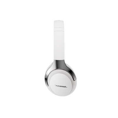 White headphones with a silver base on a white background