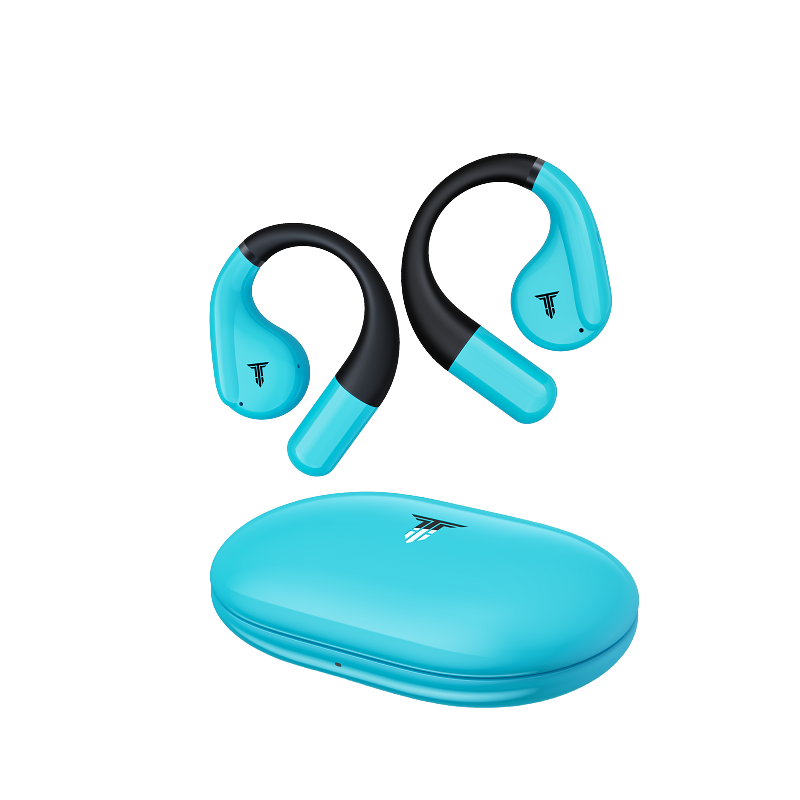 TESNA Blue wireless earbuds with black accents and a matching case in SA
