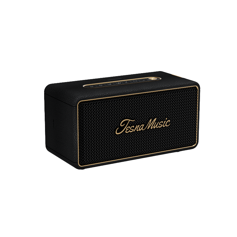 Black Bluetooth speaker with 'Tesna Music' branding on a white background